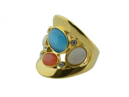 Prsten z oceli zlatý s barevnými kamínky M147
