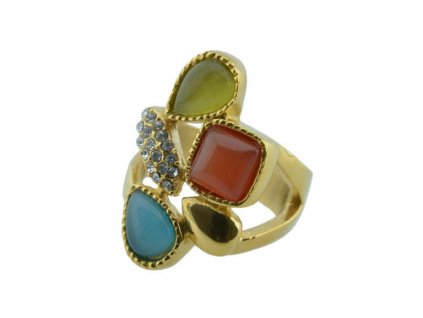 Prsten z oceli zlatý s barevnými kamínky M148