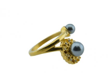 Prsten z oceli zlatý s perličkami M002
