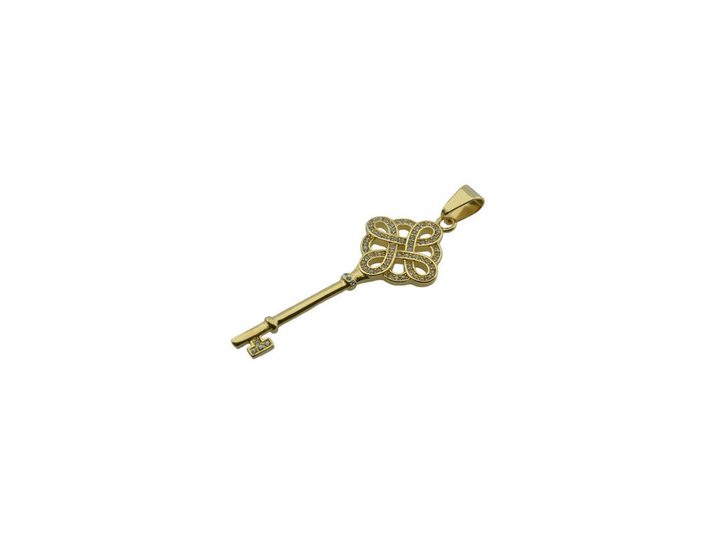 Prívesok zlatý z ocele kľúč s kryštálikmi F110