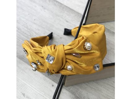 Čelenka žltá s mašľou, kamienkami a perličkami