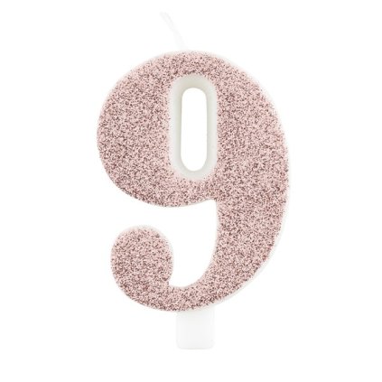 Svíčka číslo 9 RoseGold s glitrem