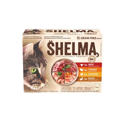 SHELMA Kapsička pro kočky 4 druhy masa 12 x 85 g