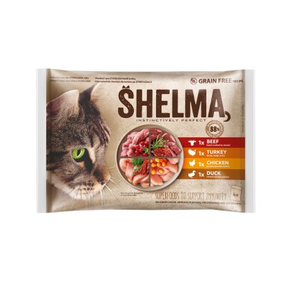 SHELMA Kapsička pro kočky 4 druhy masa 4 x 85 g