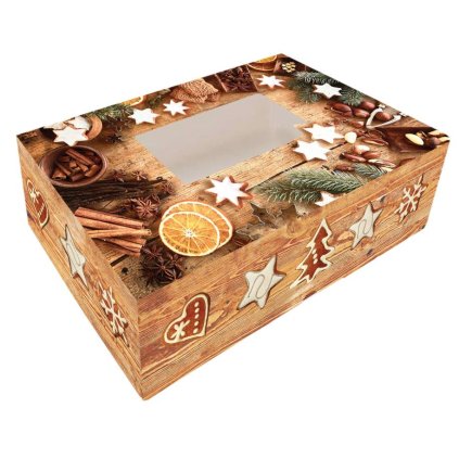 290336 1 alvarak vanocni krabice na cukrovi hneda vzor drevo s pernicky 26 x 15 x 7 cm