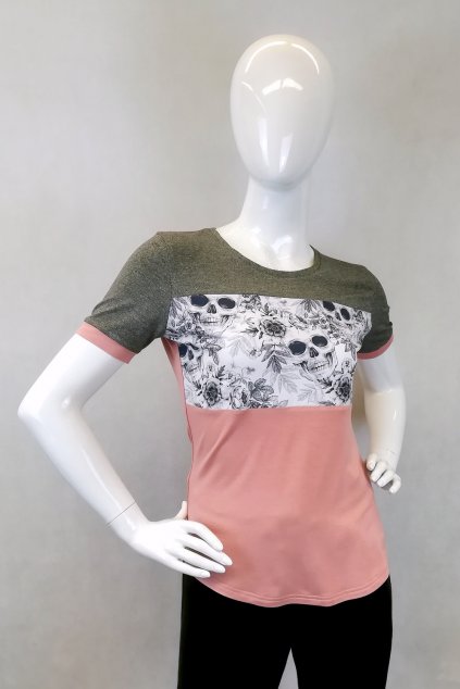 Bambusové tričko s květy a lebkami / velikost S