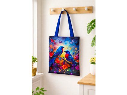 Látková taška_modrá s ptáčky