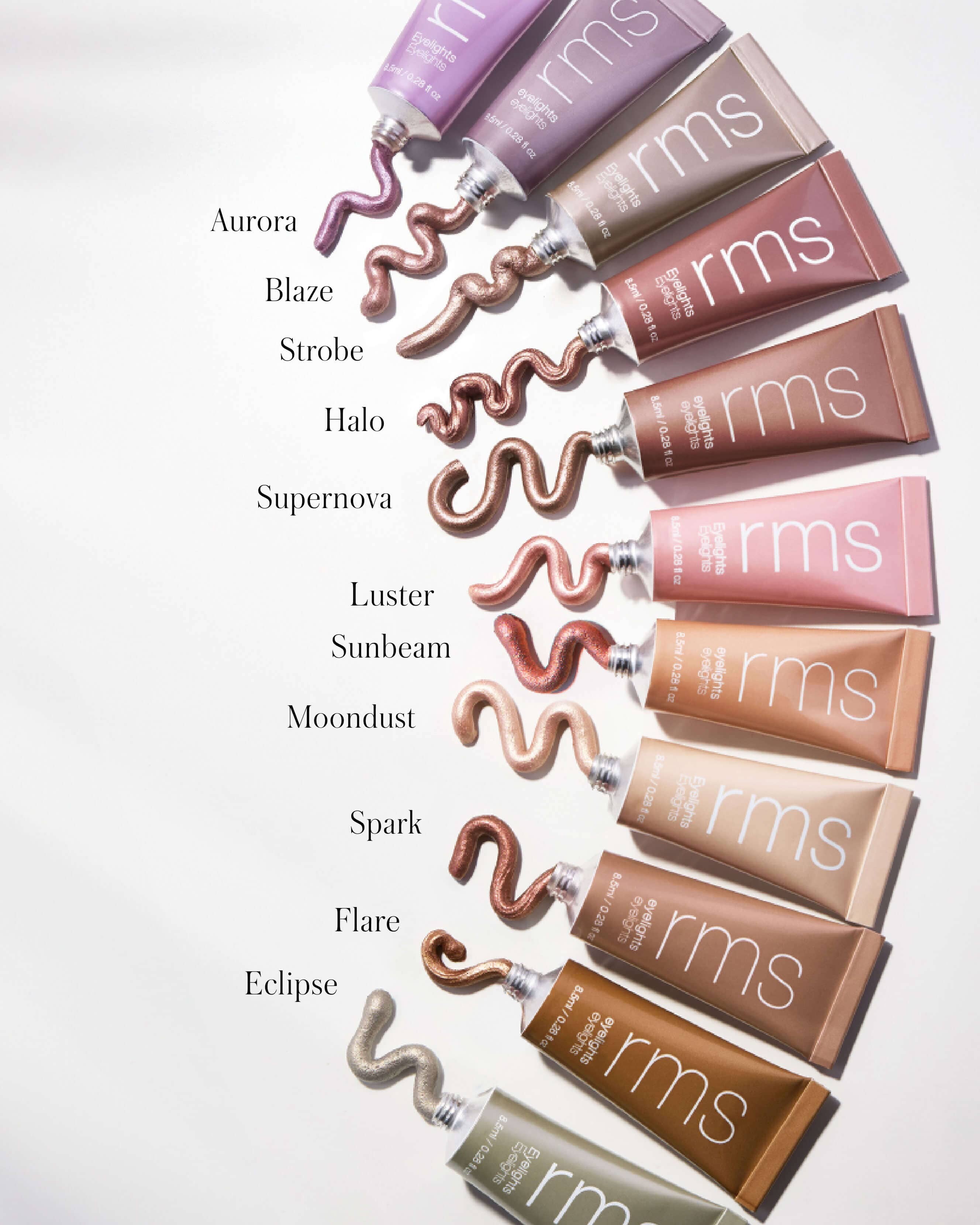 Swatche krémových očních stínů RMS Beauty Eyelights