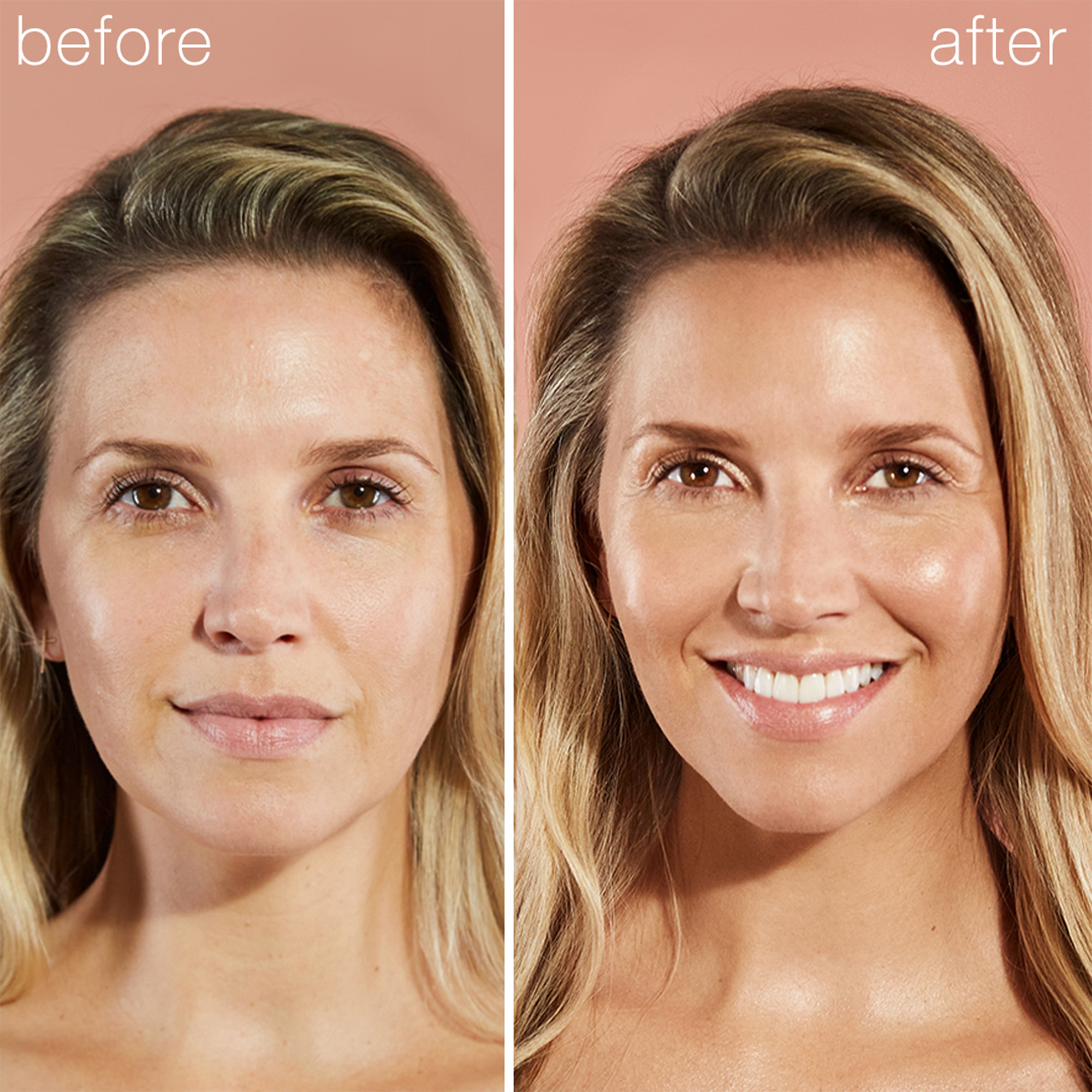 Pleť před a po aplikaci RMS Beauty Master Radiance Base