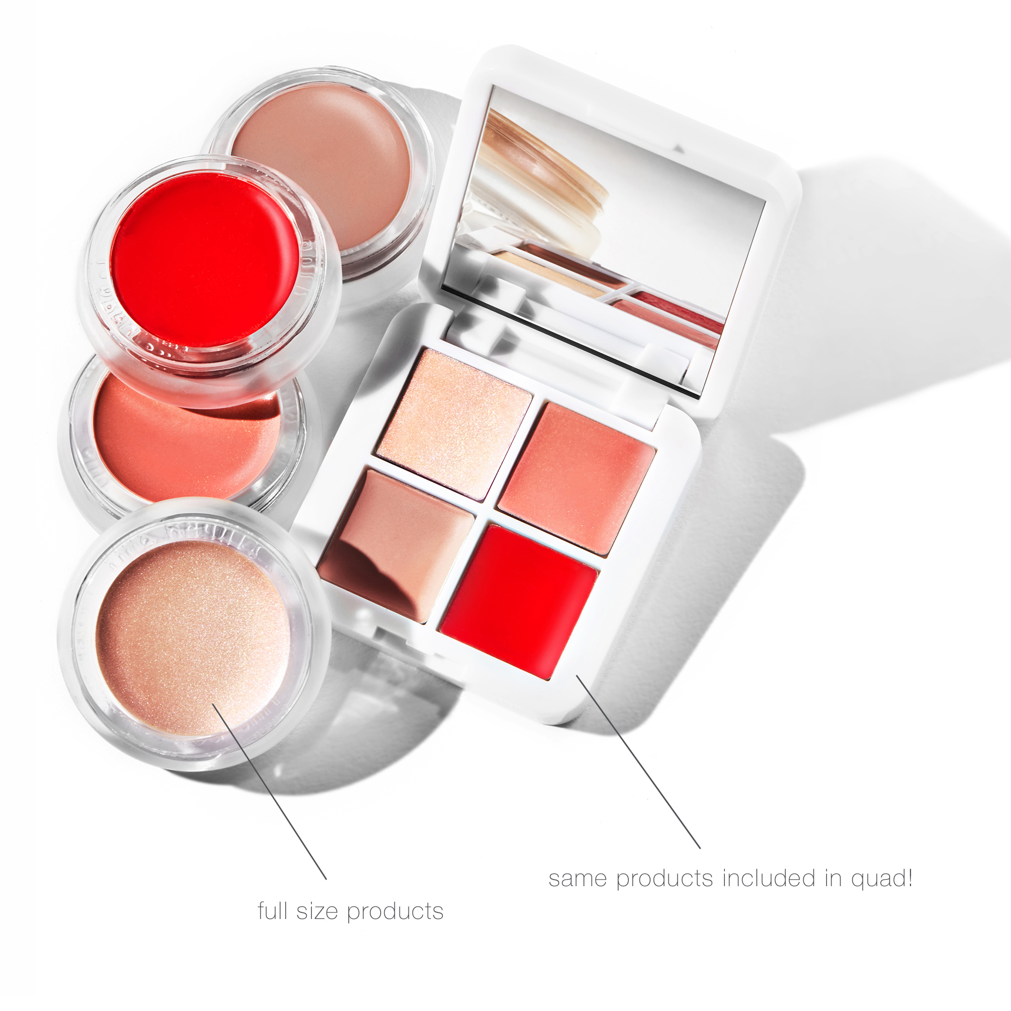Mini paletka RMS Beauty Lip2Cheek Glow Quad se stejnými odstíny v plných velikostech