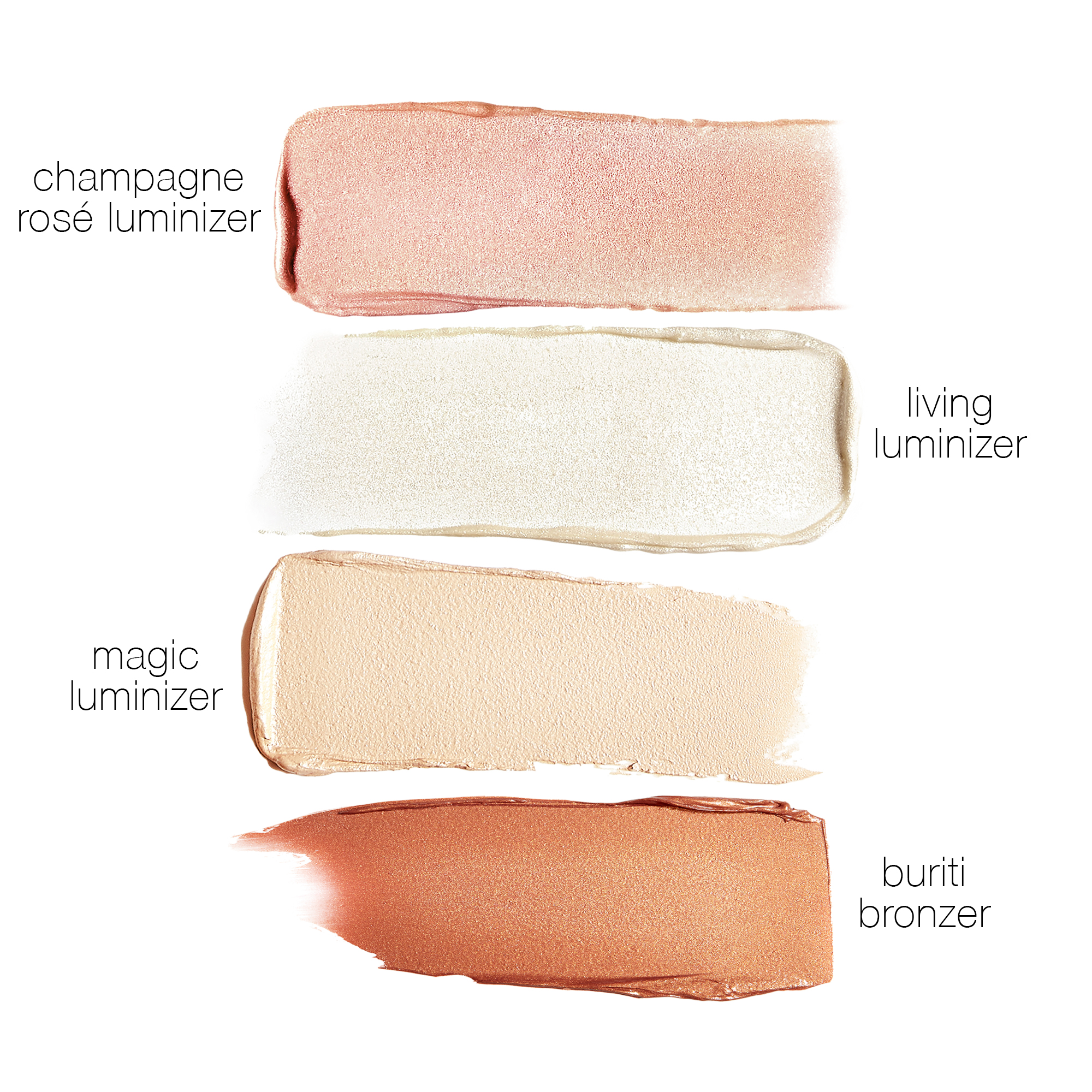 Swatche odstínů paletky RMS Beauty Living Luminizer Glow Quad
