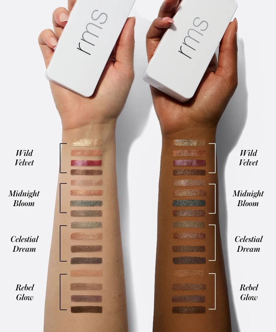 Swatche odstínů paletky RMS Beauty ReDimension Hydra Eyes Quartet