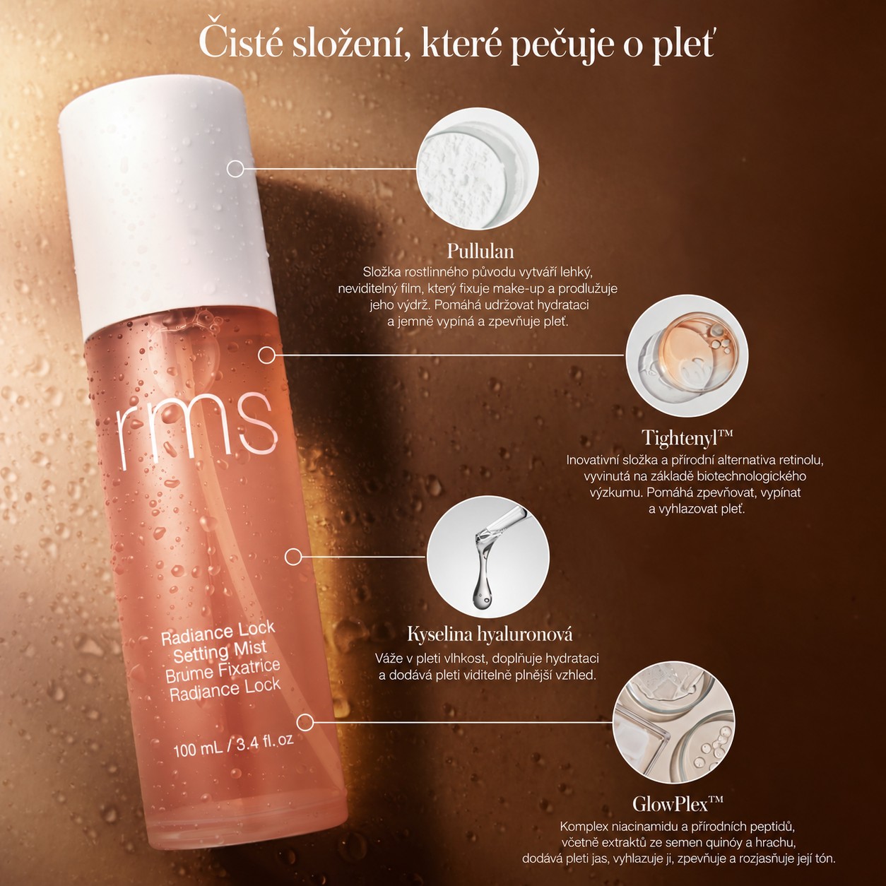 Pečující složky fixační mlhy RMS Beauty Radiance Lock