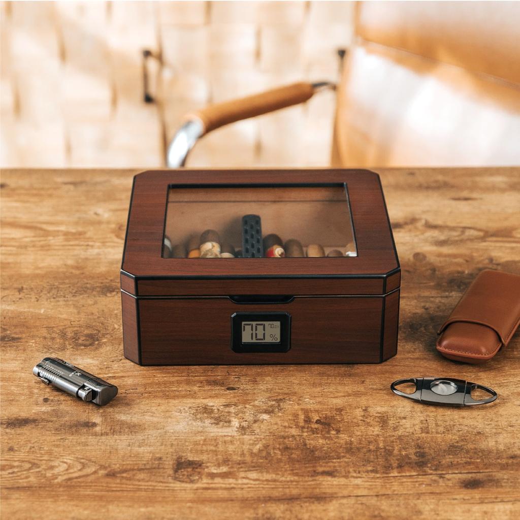 Humidor na doutníky se skleněným víkem a digitálním vlhkoměrem