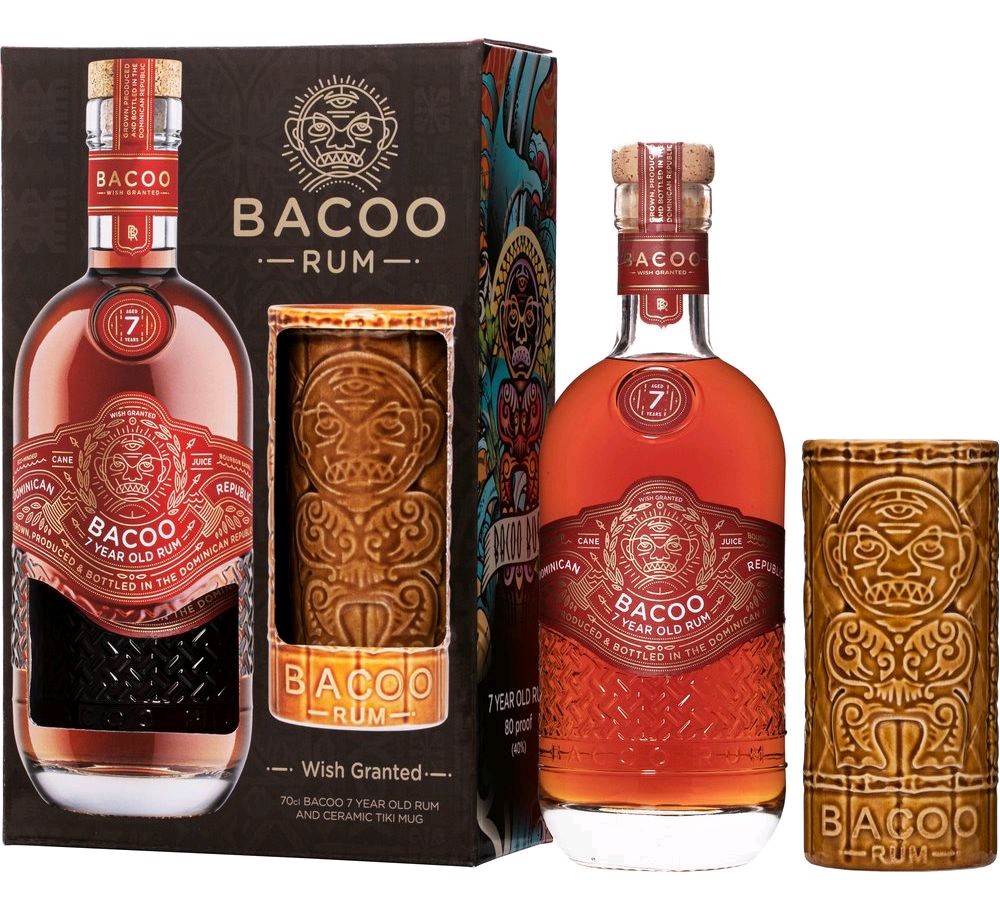 Rum Bacoo 7y + pohár Tiki gB 40%0.70l