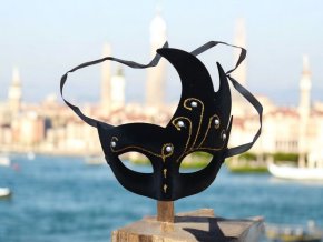 Škraboška nová zlato-černá sametová s glitry