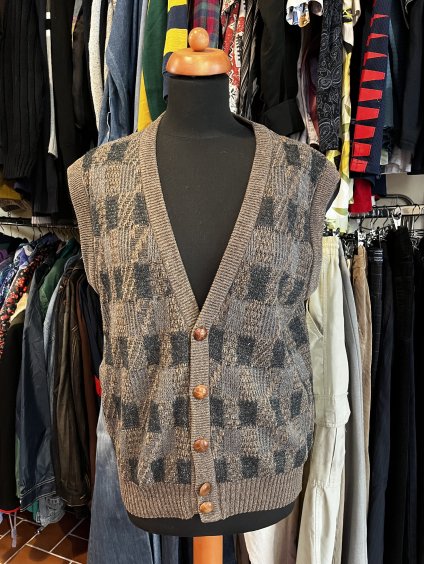 Vlněná vintage kostkovaná vesta (L)