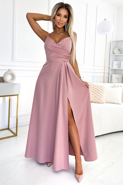 299-16 CHIARA elegantní maxi šaty s popruhy - špinavě růžová