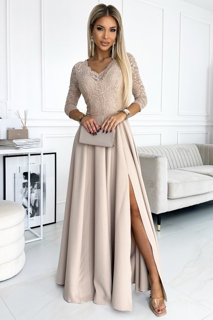 309-10 AMBER krajkové, elegantní dlouhé šaty s výstřihem a rozparkem u nohavic - béžové