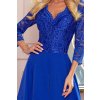 309-2 AMBER elegantní krajkové dlouhé šaty s výstřihem - modré (Velikost S)