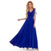 405-2 ELENA Dlouhé šaty s výstřihem a zavazováním na ramenou - modré (Velikost S)