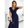 411-3 CRYSTAL třpytivé dlouhé šaty s výstřihem - tmavě modré (Velikost XS)