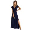 411-3 CRYSTAL třpytivé dlouhé šaty s výstřihem - tmavě modré (Velikost XS)