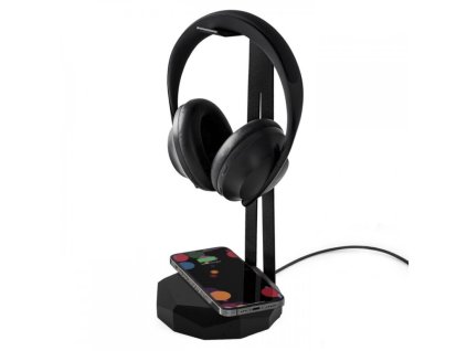 Dřevěný stojan na sluchátka s nabíječkou QI 15W Dub - černá