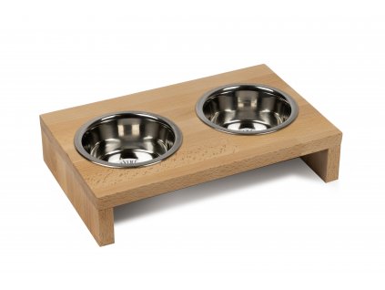 Bukový stojan s nerezovými miskami S (Barva bezbarvý lak, Výška 10 cm)