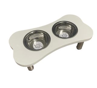 Dřevěný stojan s nerezovými miskami pro psa Objem misky 0,38l Smrkové dřevo Povrchová úprava: bílá barva Více info do zpráv.