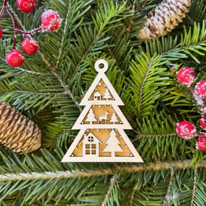 Drevená vianočná ozdoba v tvare stromčeka - dom a strom - dvojvrstvová