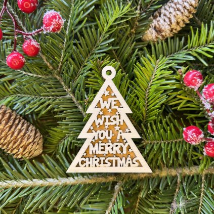 Drevená vianočná ozdoba v tvare stromčeka - Merry Christmas - dvojvrstvová