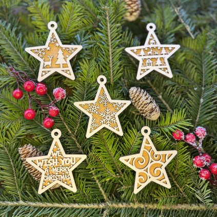Sada 5ks drevených vianočných ozdôb v tvare hviezdy - dvojvrstvové