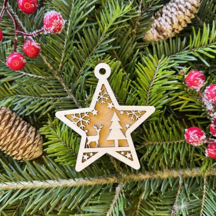 Drevená vianočná ozdoba v tvare hviezdy - sob a strom - dvojvrstvová