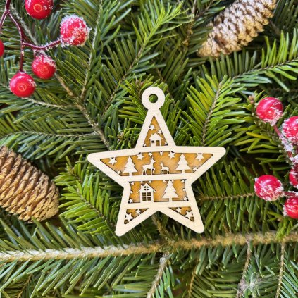 Drevená vianočná ozdoba v tvare hviezdy - dom a strom - dvojvrstvová