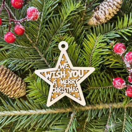Drevená vianočná ozdoba v tvare hviezdy - Merry Christmas - dvojvrstvová