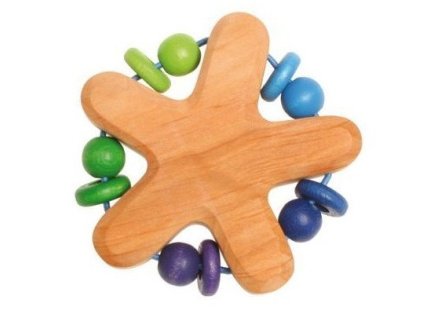 Dřevěné chrastítko s perličkami - modré a zelené korálky