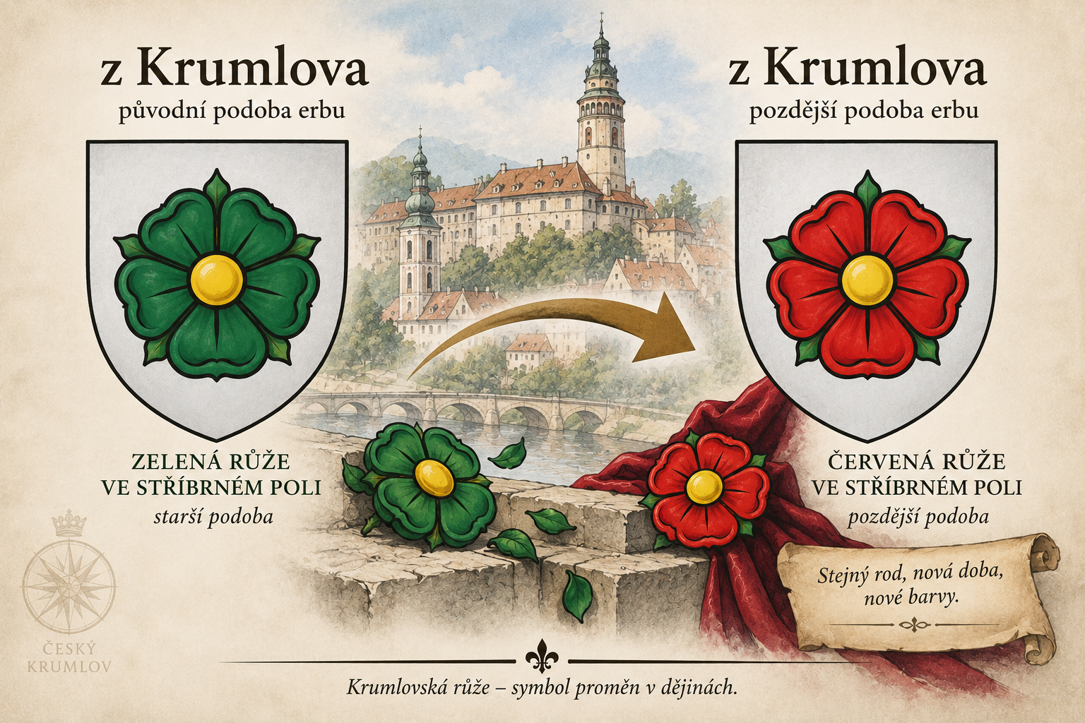 Proměna krumlovské zelené růže v rožmberskou červenou růži