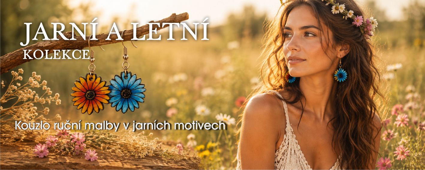 Banner s ženou na louce a ručně malovanými dřevěnými náušnicemi zavěšenými na větvi, text Dřevěné náušnice – ručně malované.