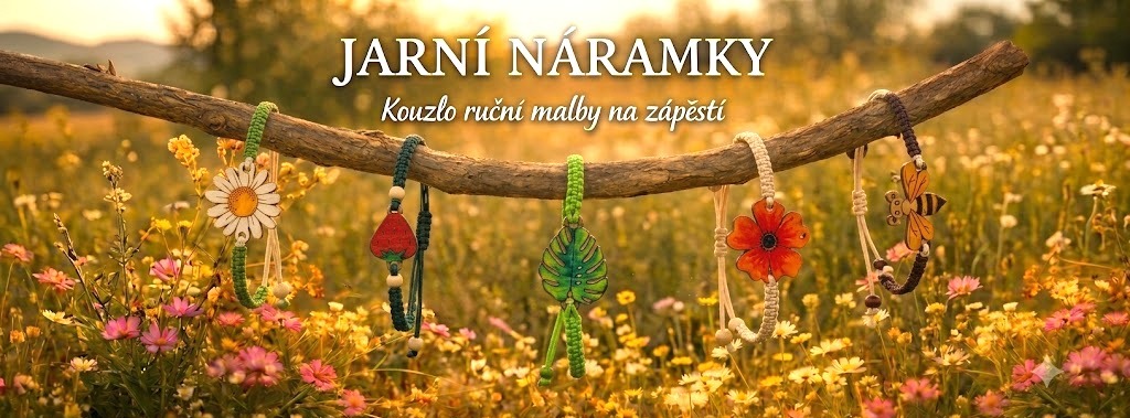 Ručně malované jarní náramky zavěšenými na větvi nad rozkvetlou loukou, text Jarní náramky – Kouzlo ruční malby na zápěstí.