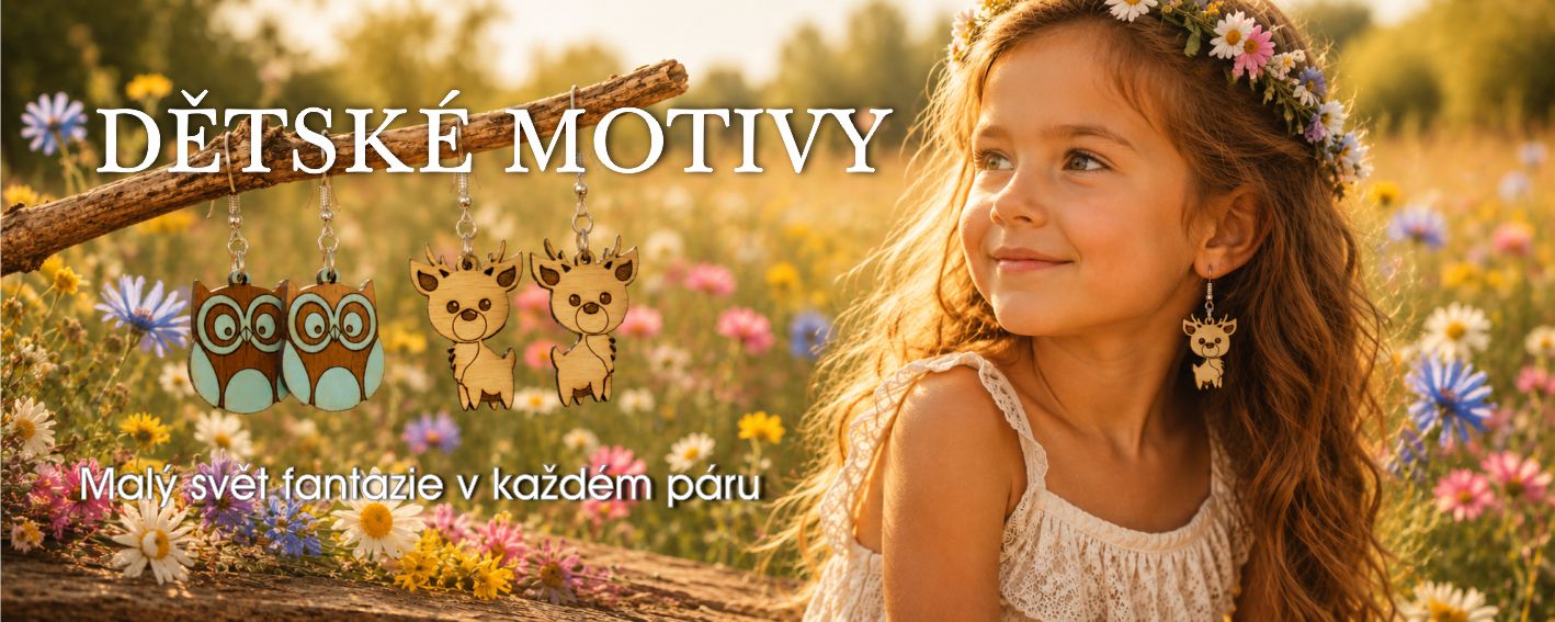 Banner s malou dívkou na louce, která má na sobě dětské dřevěné náušnice s motivem zvířátka, vedle ní visí další náušnice – sovičky a srnečky.