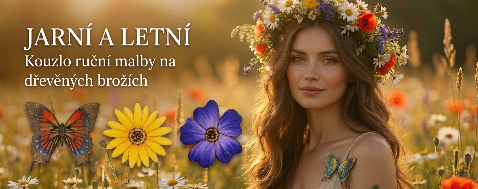 Ručně malované dřevěné brože s květinovými a motýlími motivy na přírodním pozadí.