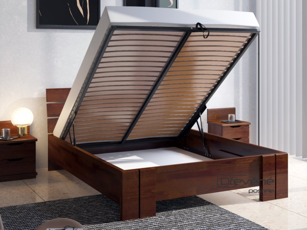 Prodloužená postel Arhus borovice – výklopný rošt s úložným prostorem