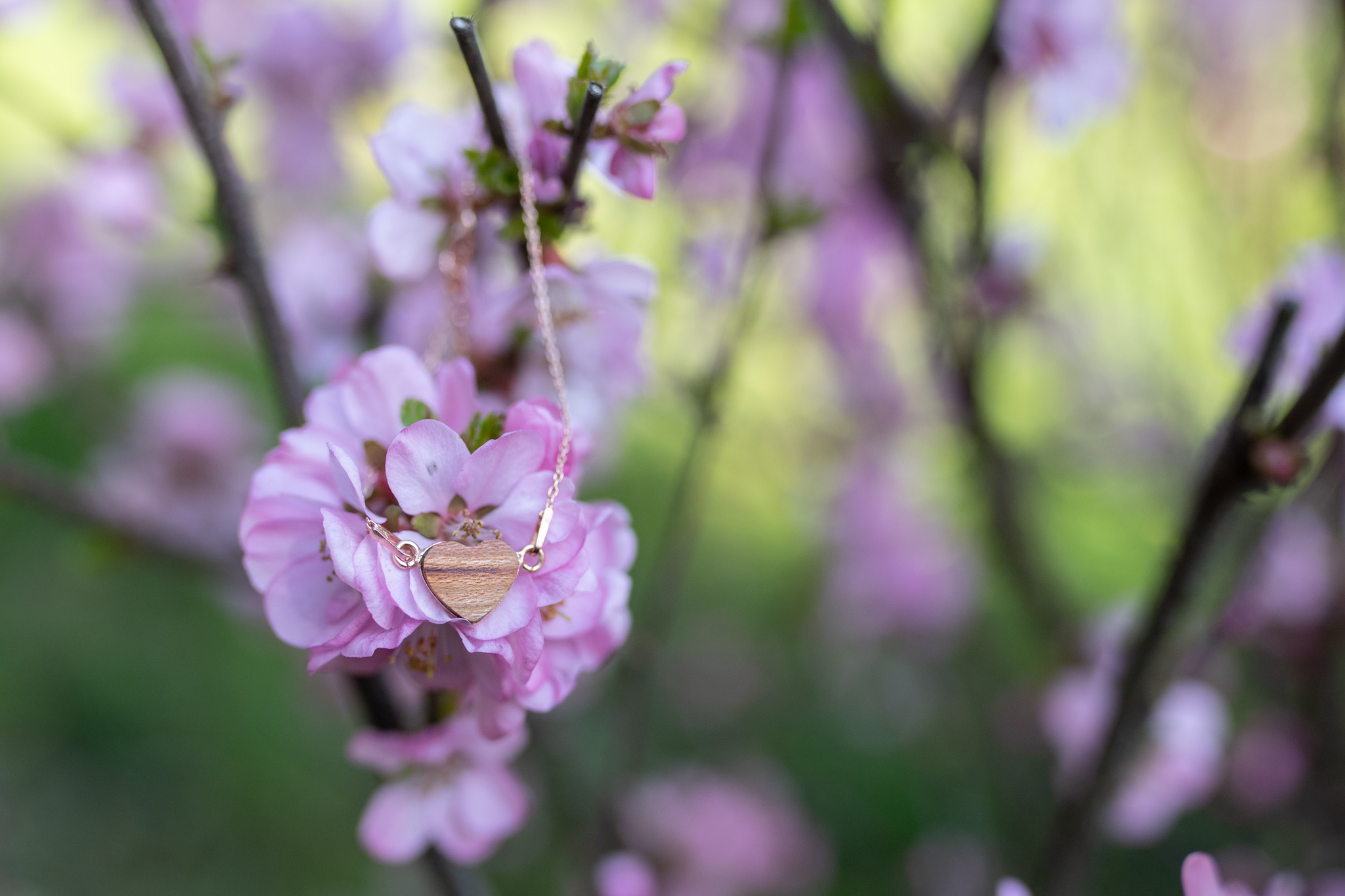 Stříbrný náhrdelník se dřevěným srdíčkem - pozlaceno růžovým zlatem