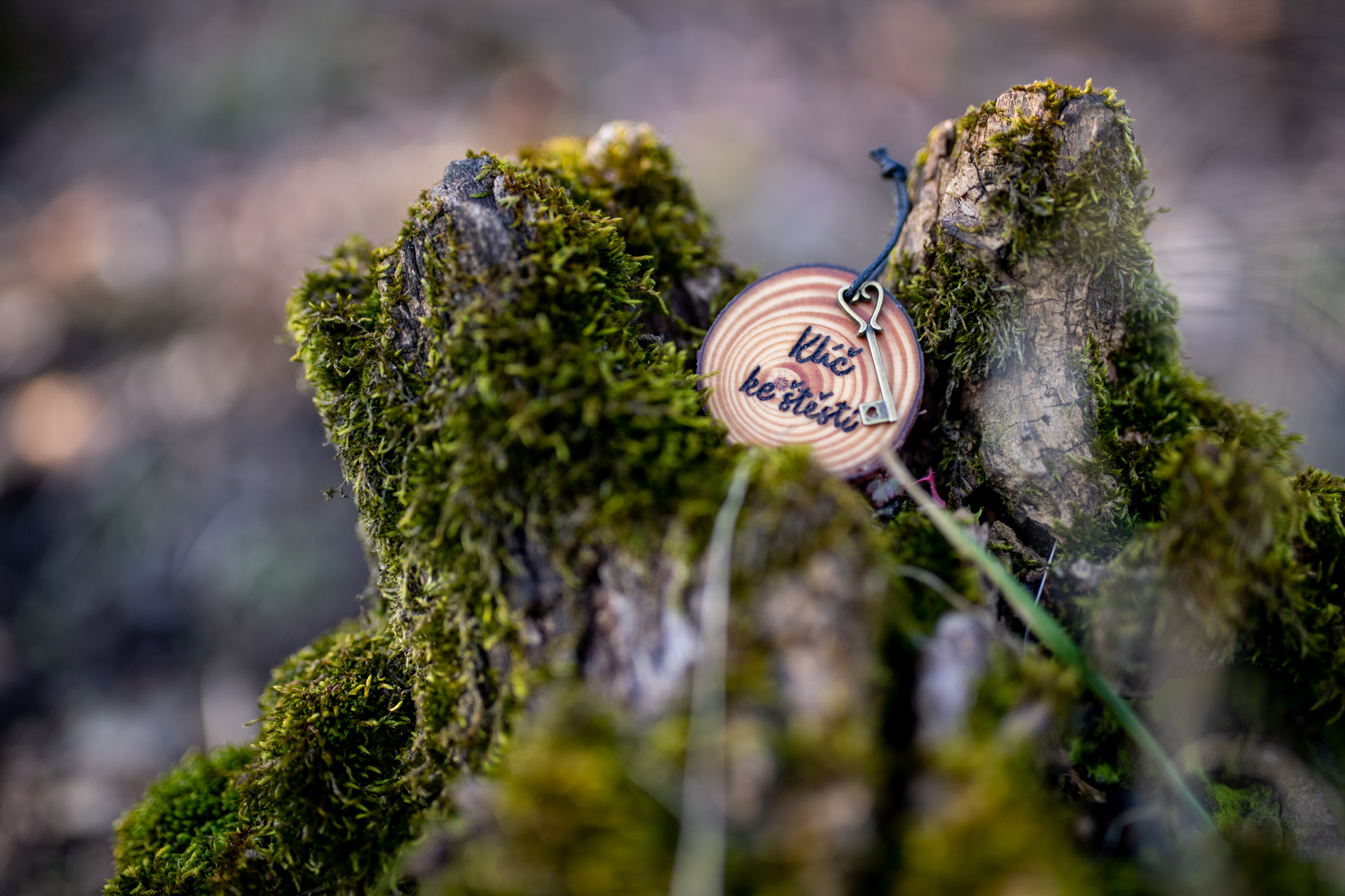 Borovicové kolečko s ručně vypáleným textem “Klíč ke štěstí”. Ke dřevíčku je připevněný malinký kovový klíček, který má ve spodní časti malé roztomilé srdíčko...Kolečko je ošetřeno přírodní směsí Odie’s oil (Vyrobeno ručně)