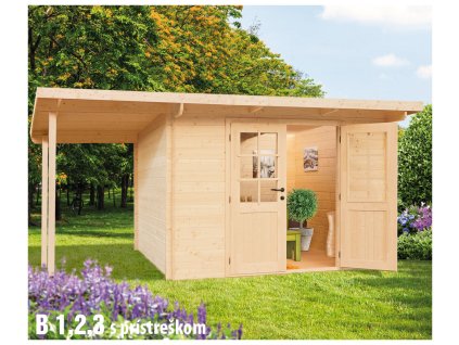 BPP Zahradní chatka B1 28 s bočním přístřeškem, 453x250 cm, 28 mm