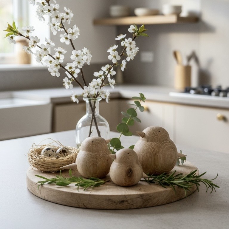 Velikonoční dekorace ze dřeva: zajíčci, ptáčci a jarní figurky v moderním interiéru