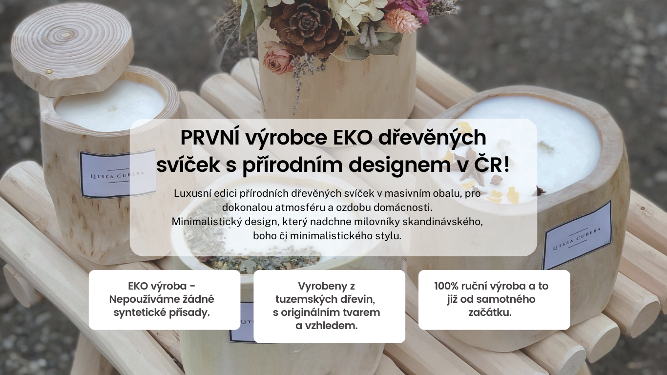 EKO výroba - Nepoužíváme žádné syntetické přísady. Vyrobeny z tuzemských dřevin,  s originálním tvarem a vzhledem. 100% ruční výroba a to již od samotného začátku.  Jediný výrobce EKO dřevěných svíček v ČR! Luxusní edici přírodních dřevěných svíček v masi
