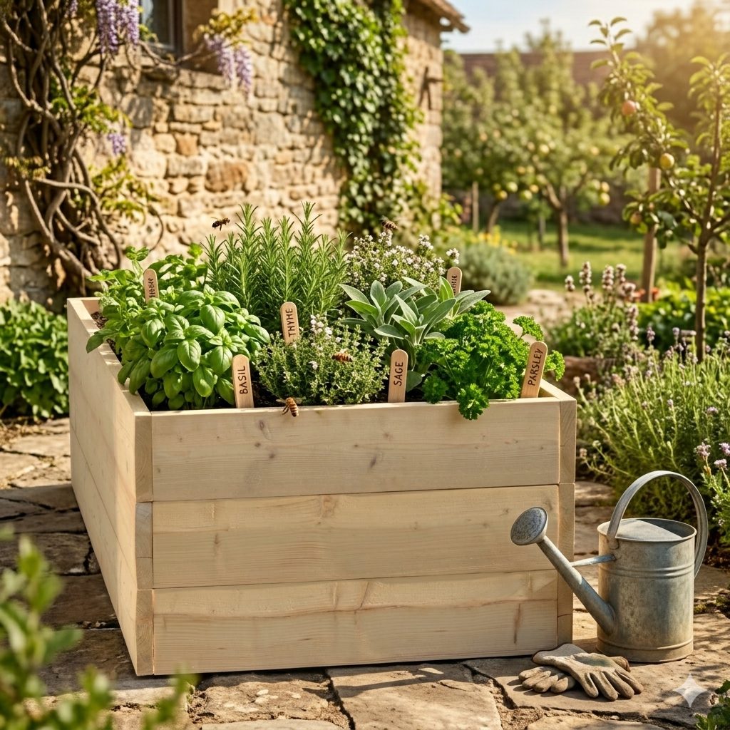 Vyvýšený bylinkový záhon z dřevěných fošen u kamenného domu
