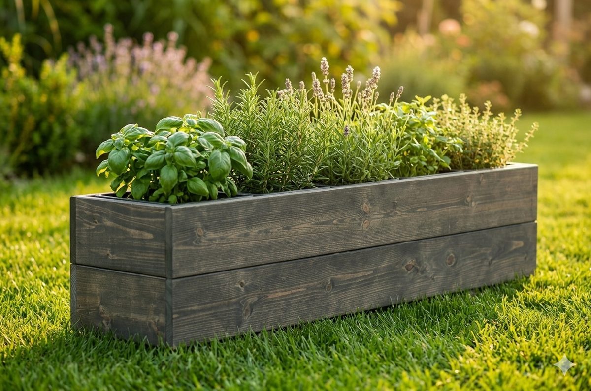 Dřevěný truhlík s bazalkou, rozmarýnem a dalšími bylinkami na trávníku